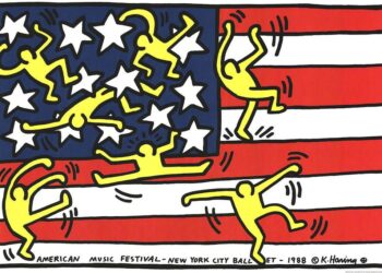 Cartaz do 'American Music Festival', festival de música sediado em Nova Iorque, ilustrado por Keith Haring (1988). Imagem: Keith Haring Foundation.