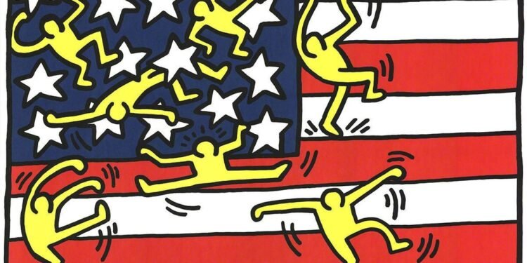 Cartaz do 'American Music Festival', festival de música sediado em Nova Iorque, ilustrado por Keith Haring (1988). Imagem: Keith Haring Foundation.