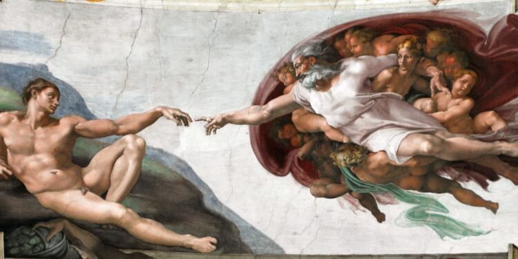 A Criação de Adão, um afresco de 280cm x 570cm pintado por Michelangelo Buonarotti por volta de 1511. Imagem: Reprodução.