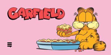 Gato laranja, com listras pretas, com um pedaço de lasanha na mão. À sua frente, uma tigela com mais lasanha. O fundo é rosa e no alto à esquerda se lê "Garfield".
