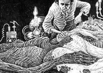 Ilustração de Victor Frankenstein criando seu monstro