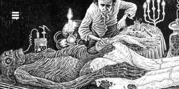 Ilustração de Victor Frankenstein criando seu monstro