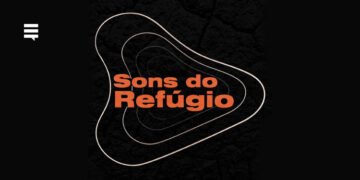 Capa do disco 'Sons do Refúgio'. Ele é preto, com formas circulares brancas e no centro o título "Sons do Refúgio" em vermelho tom pastel.