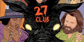 Ilustração de um bode preto no centro, com um 27 Club escrito em sua testa em vermelho. No lado esquerdo, o músico Jimi Hendrix com a mão no queixo e roupa roxa. No lado direito, o músico Jim Morrison de camisa verde, cabelo comprido e barba.