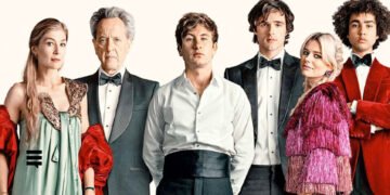 O elenco principal de 'Saltburn', liderado pelo irlndês Barry Keoghan. Imagem: Divulgação.